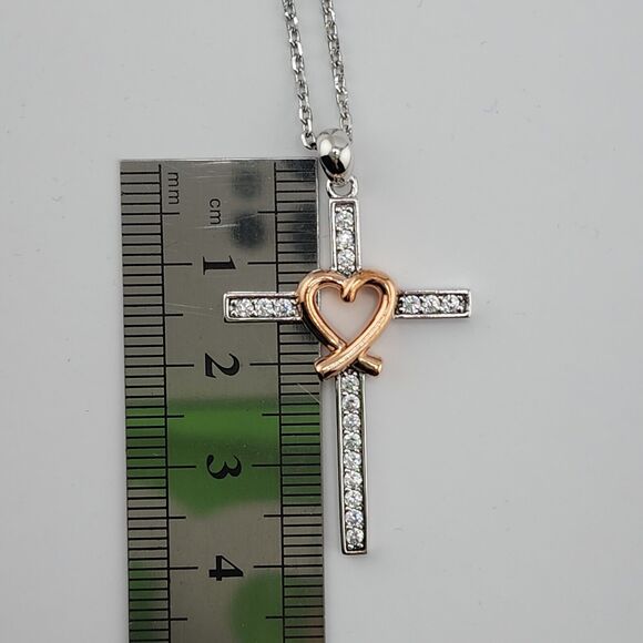 Rose Gold Plated Sterling Silver Heart Cross CZ Pendant Necklace 18" - Picture 3 of 4